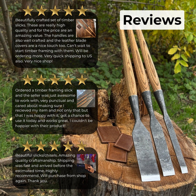 3-Piece Carpenters Slick Chisel Set with hand-forged steel blades and ash wood handles