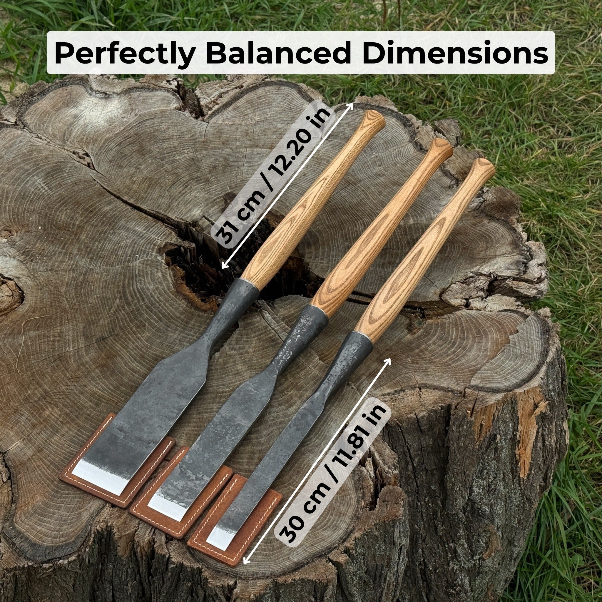 3-Piece Carpenters Slick Chisel Set with hand-forged steel blades and ash wood handles