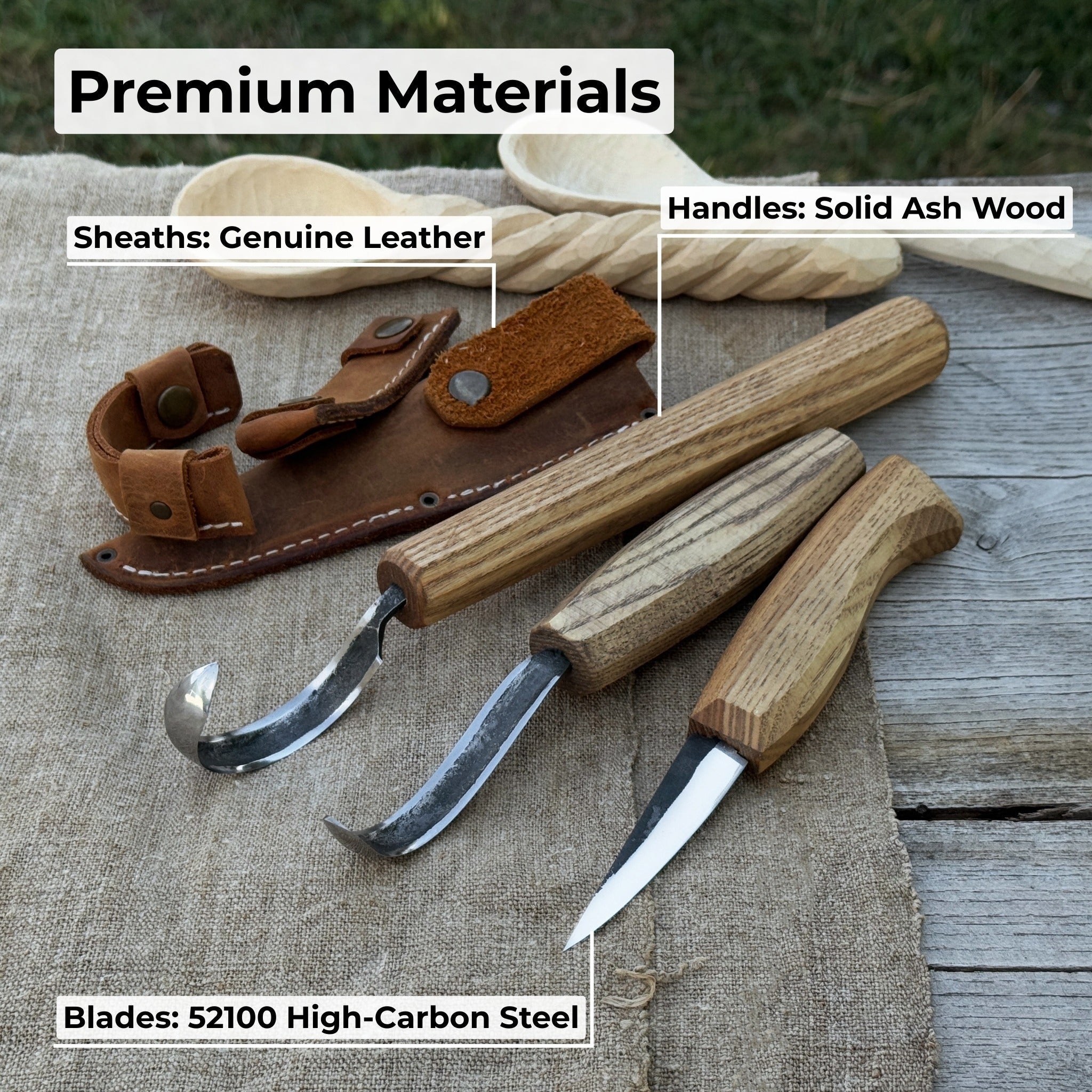 3-piece carving knife set for spoon carving with leather sheath by Sharky Forged Steel Tools