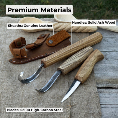 3-piece carving knife set for spoon carving with leather sheath by Sharky Forged Steel Tools
