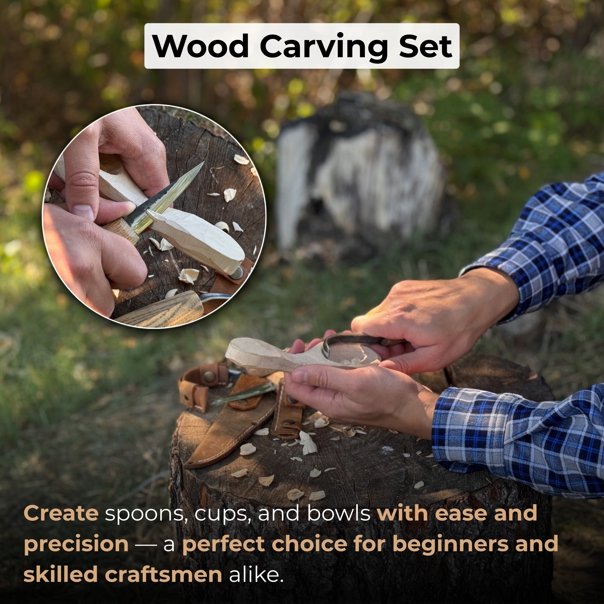 3-piece carving knife set for spoon carving with leather sheath by Sharky Forged Steel Tools