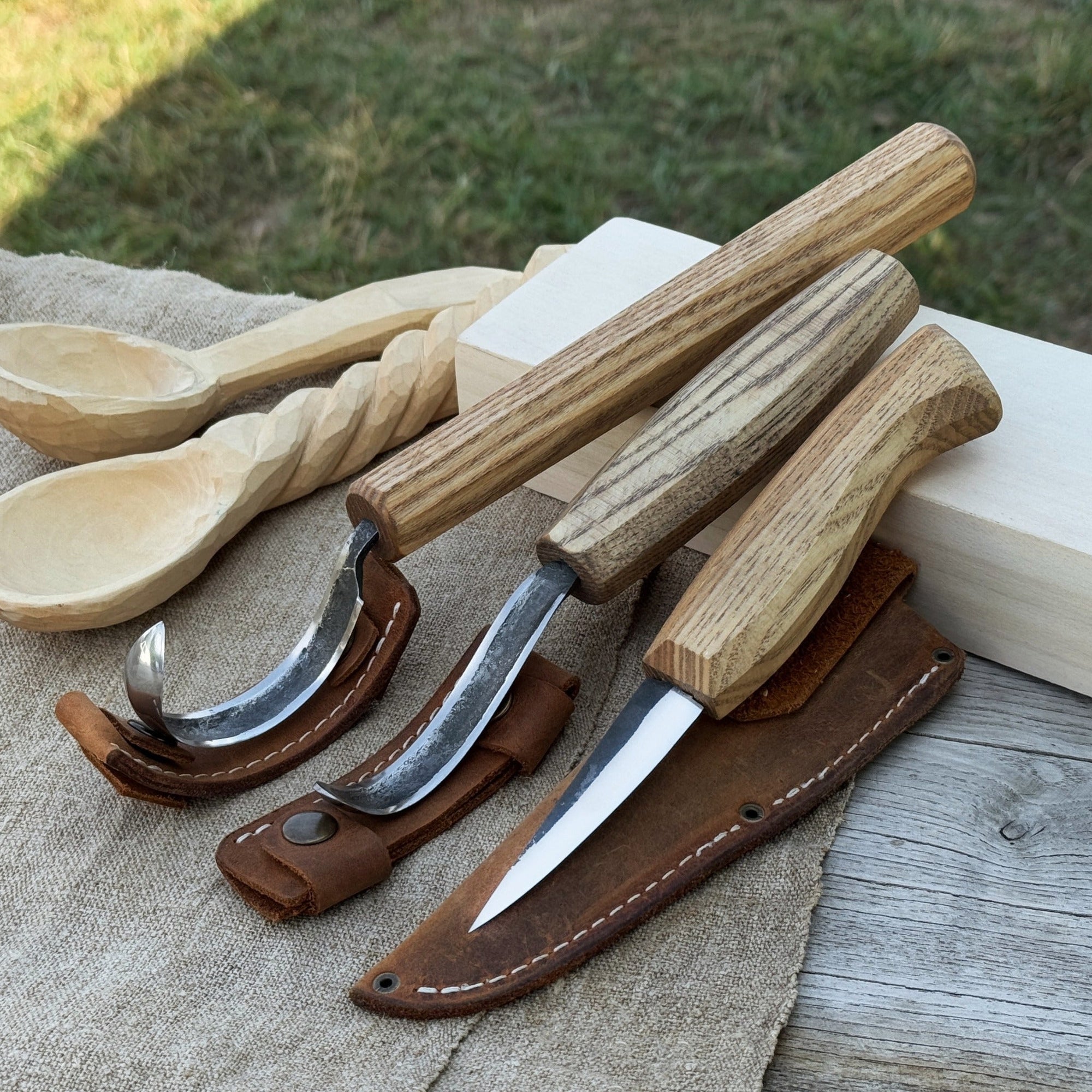 3-piece carving knife set for spoon carving with leather sheath by Sharky Forged Steel Tools