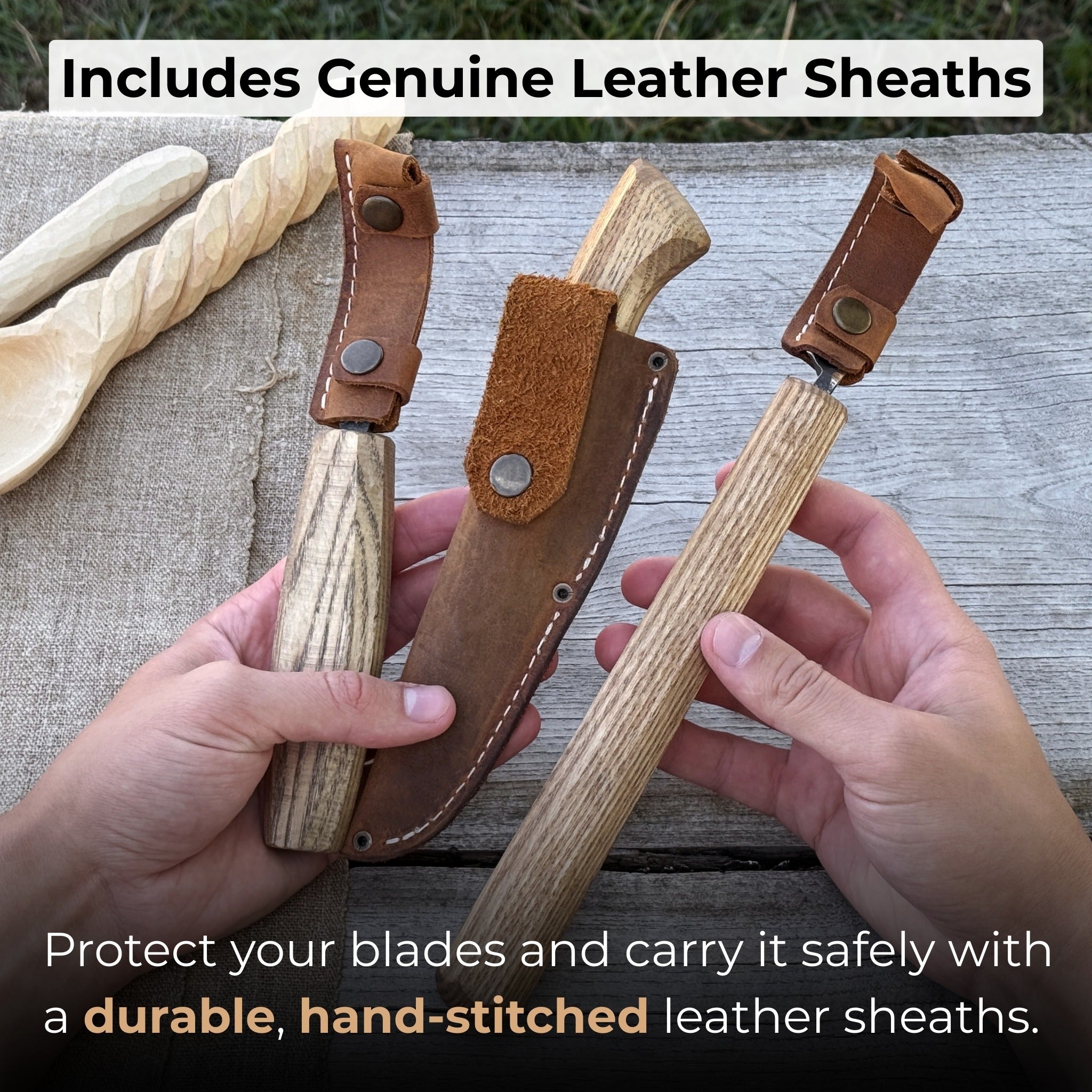3-piece carving knife set for spoon carving with leather sheath by Sharky Forged Steel Tools