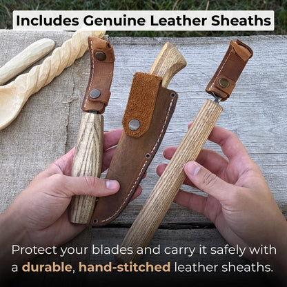 3-piece carving knife set for spoon carving with leather sheath by Sharky Forged Steel Tools