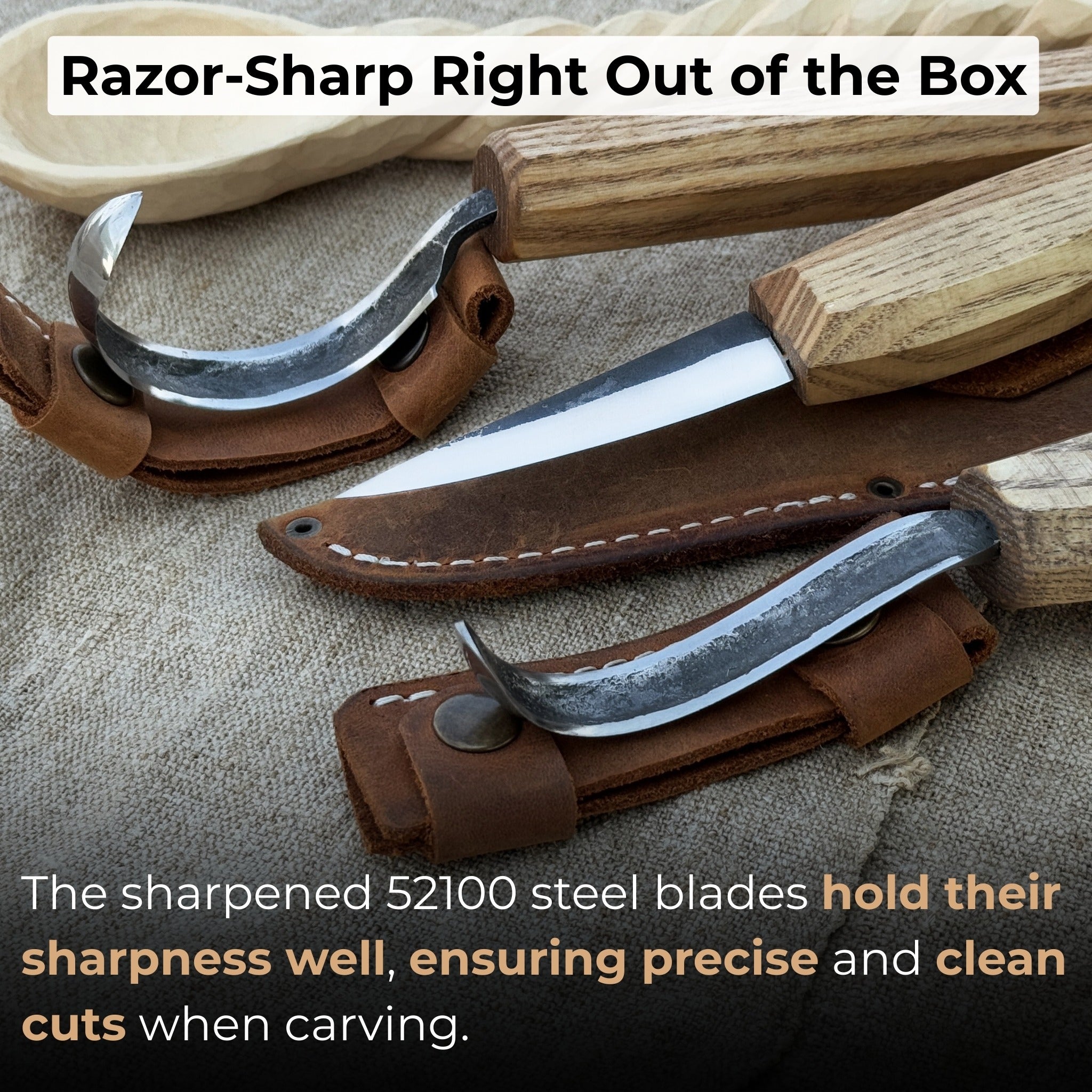 3-piece carving knife set for spoon carving with leather sheath by Sharky Forged Steel Tools