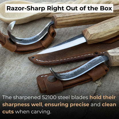 3-piece carving knife set for spoon carving with leather sheath by Sharky Forged Steel Tools