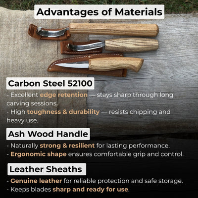 3-piece carving knife set for spoon carving with leather sheath by Sharky Forged Steel Tools