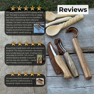 3-piece carving knife set for spoon carving with leather sheath by Sharky Forged Steel Tools