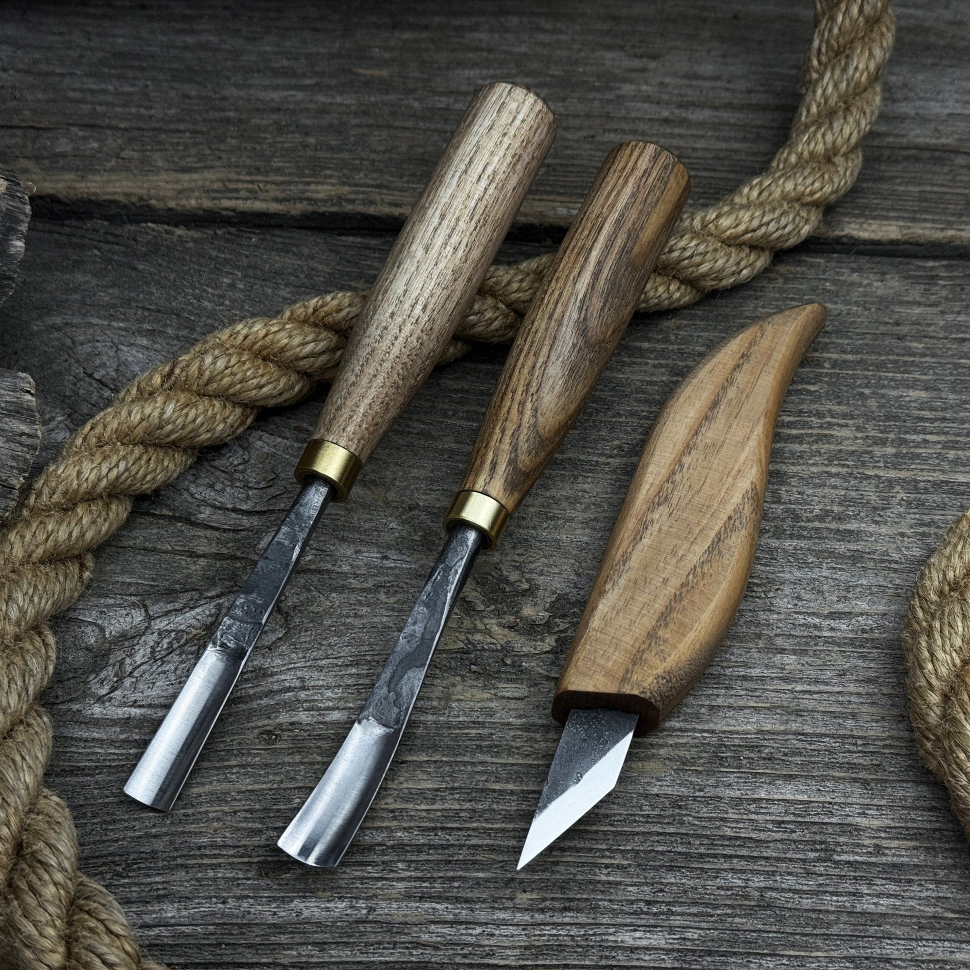 3-piece wood carving set with detail gouges and whittling knife by Sharky Forged Steel Tools