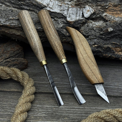 3-piece wood carving set with detail gouges and whittling knife by Sharky Forged Steel Tools