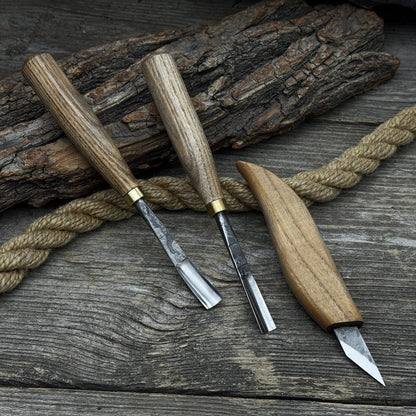 3-piece wood carving set with detail gouges and whittling knife by Sharky Forged Steel Tools