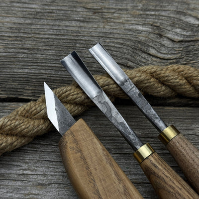 3-piece wood carving set with detail gouges and whittling knife by Sharky Forged Steel Tools