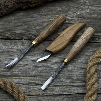 3-piece wood carving set with detail gouges and whittling knife by Sharky Forged Steel Tools