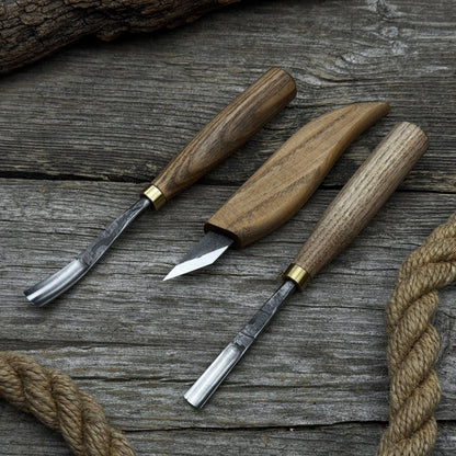 3-piece wood carving set with detail gouges and whittling knife by Sharky Forged Steel Tools