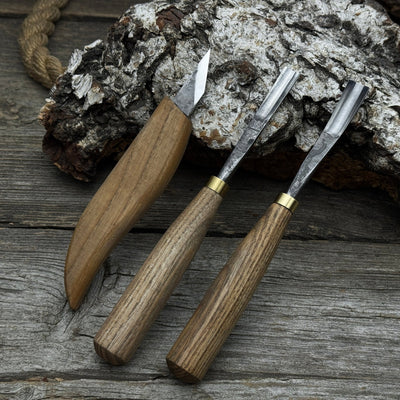 3-piece wood carving set with detail gouges and whittling knife by Sharky Forged Steel Tools