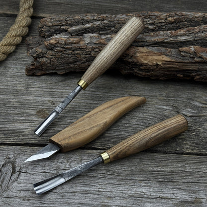 3-piece wood carving set with detail gouges and whittling knife by Sharky Forged Steel Tools