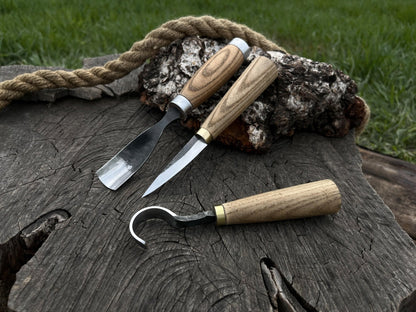 3-piece hand-forged spoon carving tool set with ash handles and leather sheaths