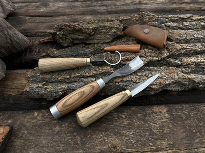 3-piece hand-forged spoon carving tool set with ash handles and leather sheaths
