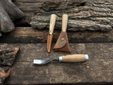 3-piece hand-forged spoon carving tool set with ash handles and leather sheaths