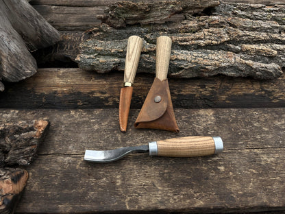 3-piece hand-forged spoon carving tool set with ash handles and leather sheaths