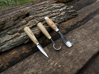 3-piece hand-forged spoon carving tool set with ash handles and leather sheaths