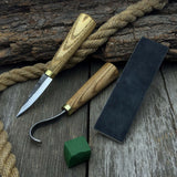 3-piece hand-forged spoon carving tool set including hook knife, whittling sloyd knife, and leather strop with leather case