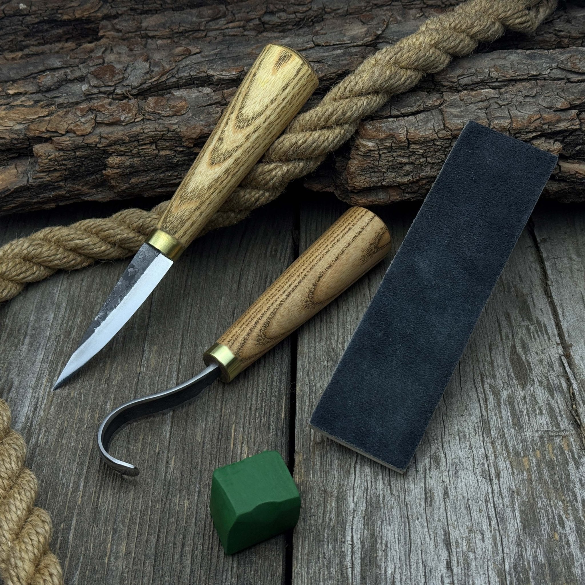 3-piece hand-forged spoon carving tool set including hook knife, whittling sloyd knife, and leather strop with leather case