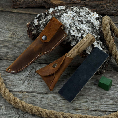 3-piece hand-forged spoon carving tool set including hook knife, whittling sloyd knife, and leather strop with leather case