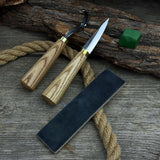 3-piece hand-forged spoon carving tool set including hook knife, whittling sloyd knife, and leather strop with leather case