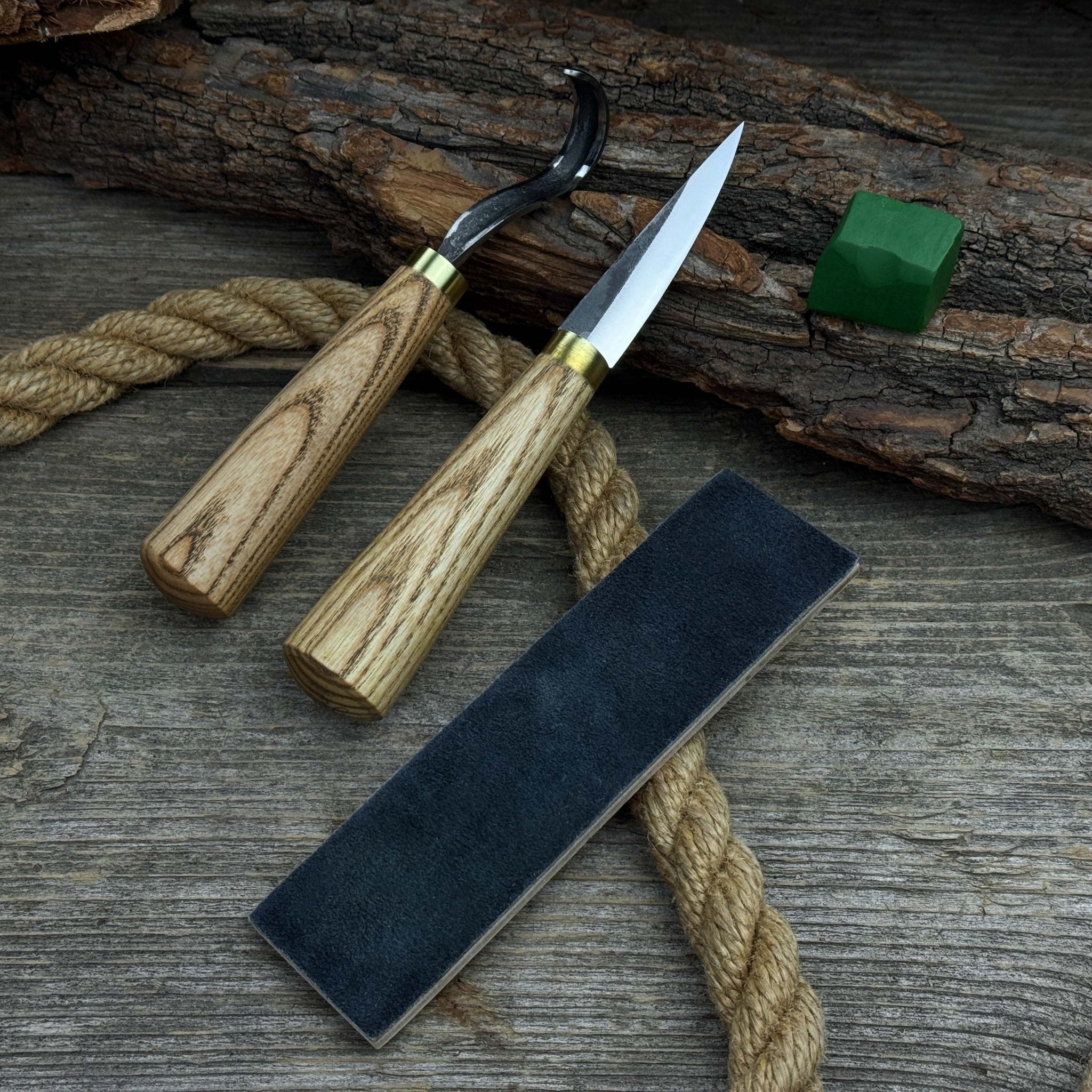 3-piece hand-forged spoon carving tool set including hook knife, whittling sloyd knife, and leather strop with leather case