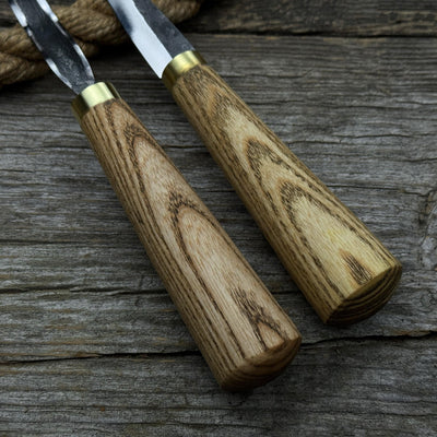 3-piece hand-forged spoon carving tool set including hook knife, whittling sloyd knife, and leather strop with leather case
