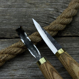 3-piece hand-forged spoon carving tool set including hook knife, whittling sloyd knife, and leather strop with leather case