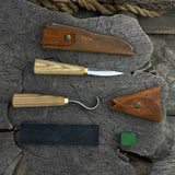 3-piece hand-forged spoon carving tool set including hook knife, whittling sloyd knife, and leather strop with leather case
