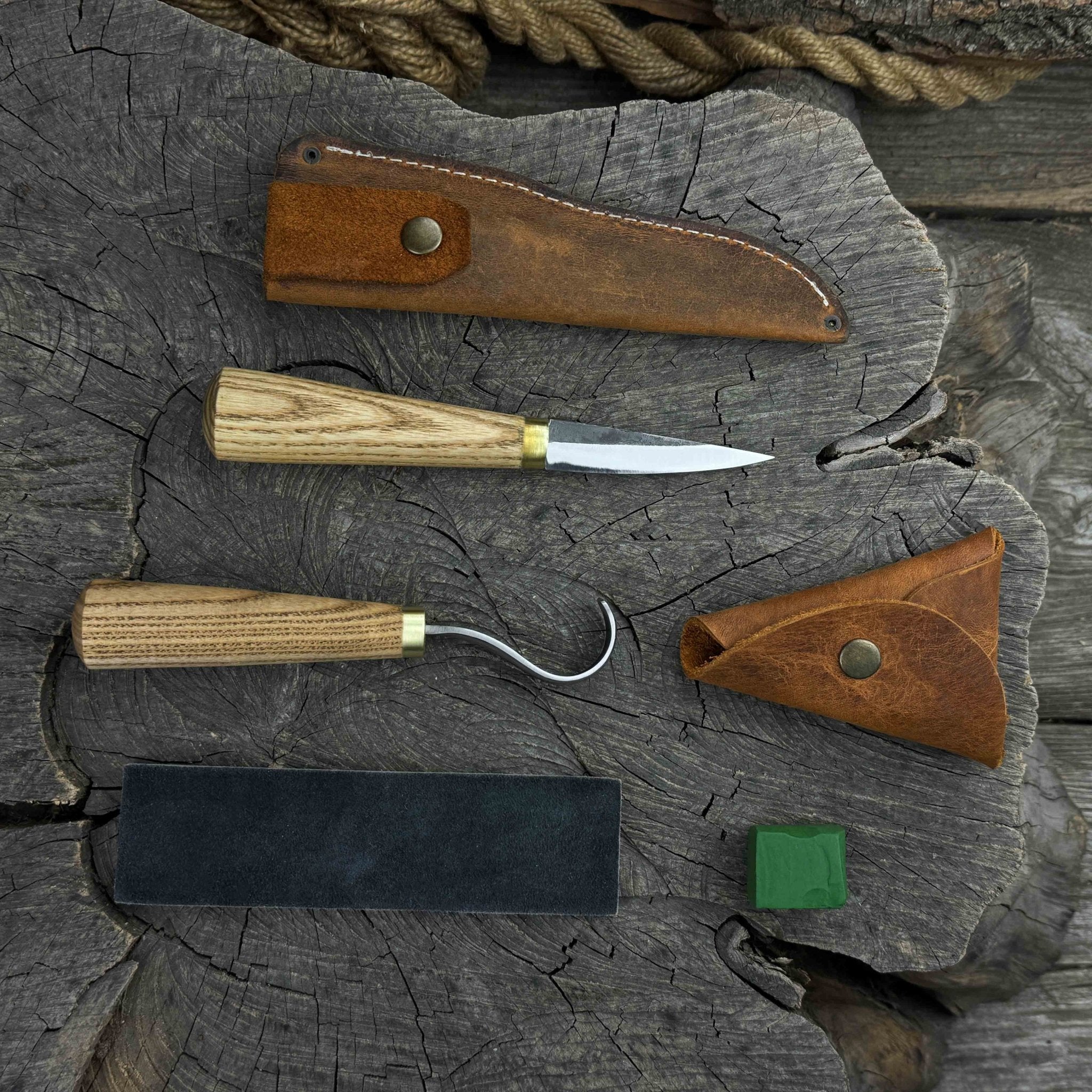 3-piece hand-forged spoon carving tool set including hook knife, whittling sloyd knife, and leather strop with leather case