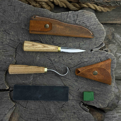 3-piece hand-forged spoon carving tool set including hook knife, whittling sloyd knife, and leather strop with leather case