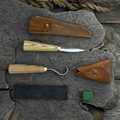 3-piece hand-forged spoon carving tool set including hook knife, whittling sloyd knife, and leather strop with leather case