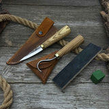 3-piece hand-forged spoon carving tool set including hook knife, whittling sloyd knife, and leather strop with leather case