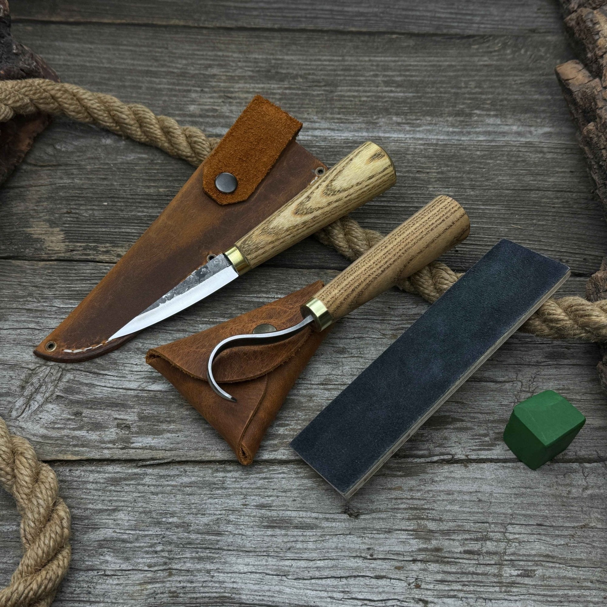 3-piece hand-forged spoon carving tool set including hook knife, whittling sloyd knife, and leather strop with leather case