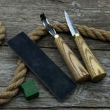 3-piece hand-forged spoon carving tool set including hook knife, whittling sloyd knife, and leather strop with leather case