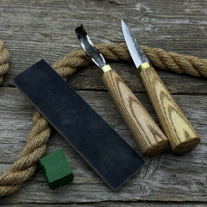 3-piece hand-forged spoon carving tool set including hook knife, whittling sloyd knife, and leather strop with leather case