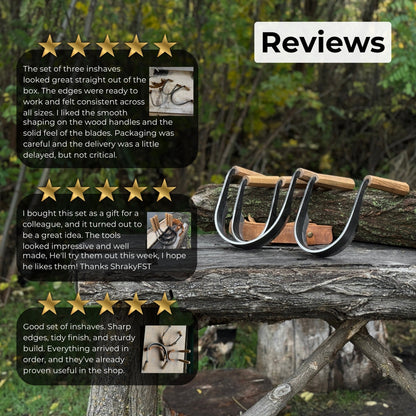 3-Piece Inshave Half-Rounded Drawknife Set with Ash Handles and Leather Sheaths