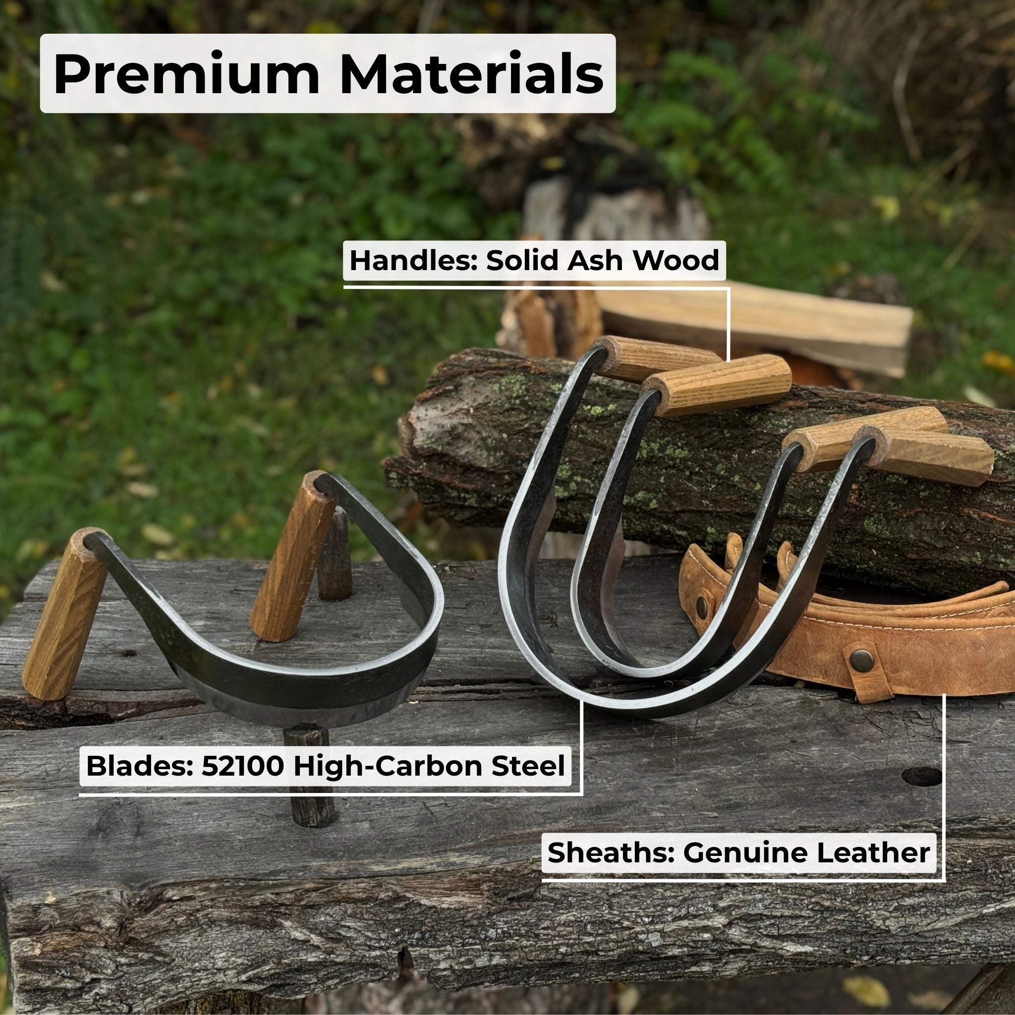 3-Piece Inshave Half-Rounded Drawknife Set with Ash Handles and Leather Sheaths