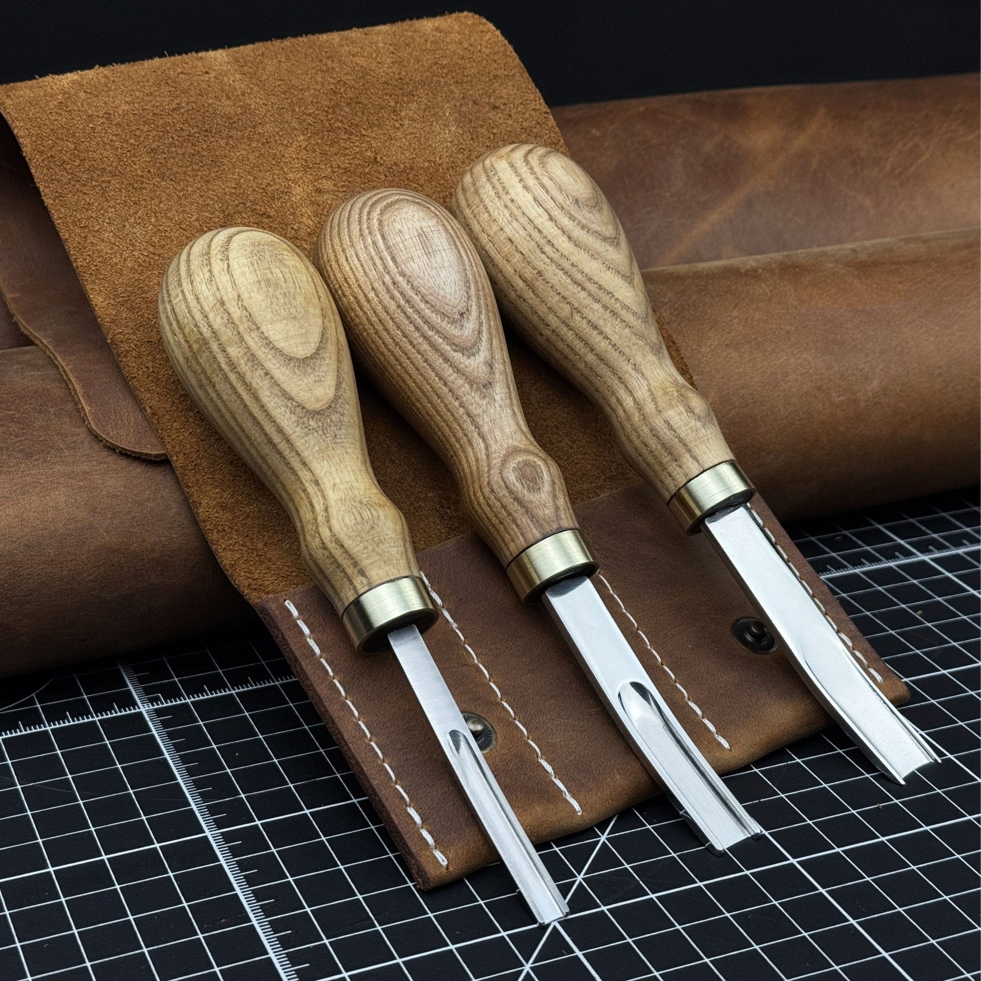 3-Piece Leather Edge Skiver Set with leather case by Sharky Forged Steel Tools