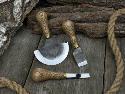 3-piece leather working kit with leather sheaths including half moon knife, flat skiving knife, and edge skiver