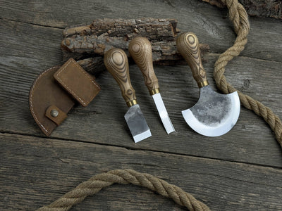 3-piece leather working kit with leather sheaths including half moon knife, flat skiving knife, and edge skiver
