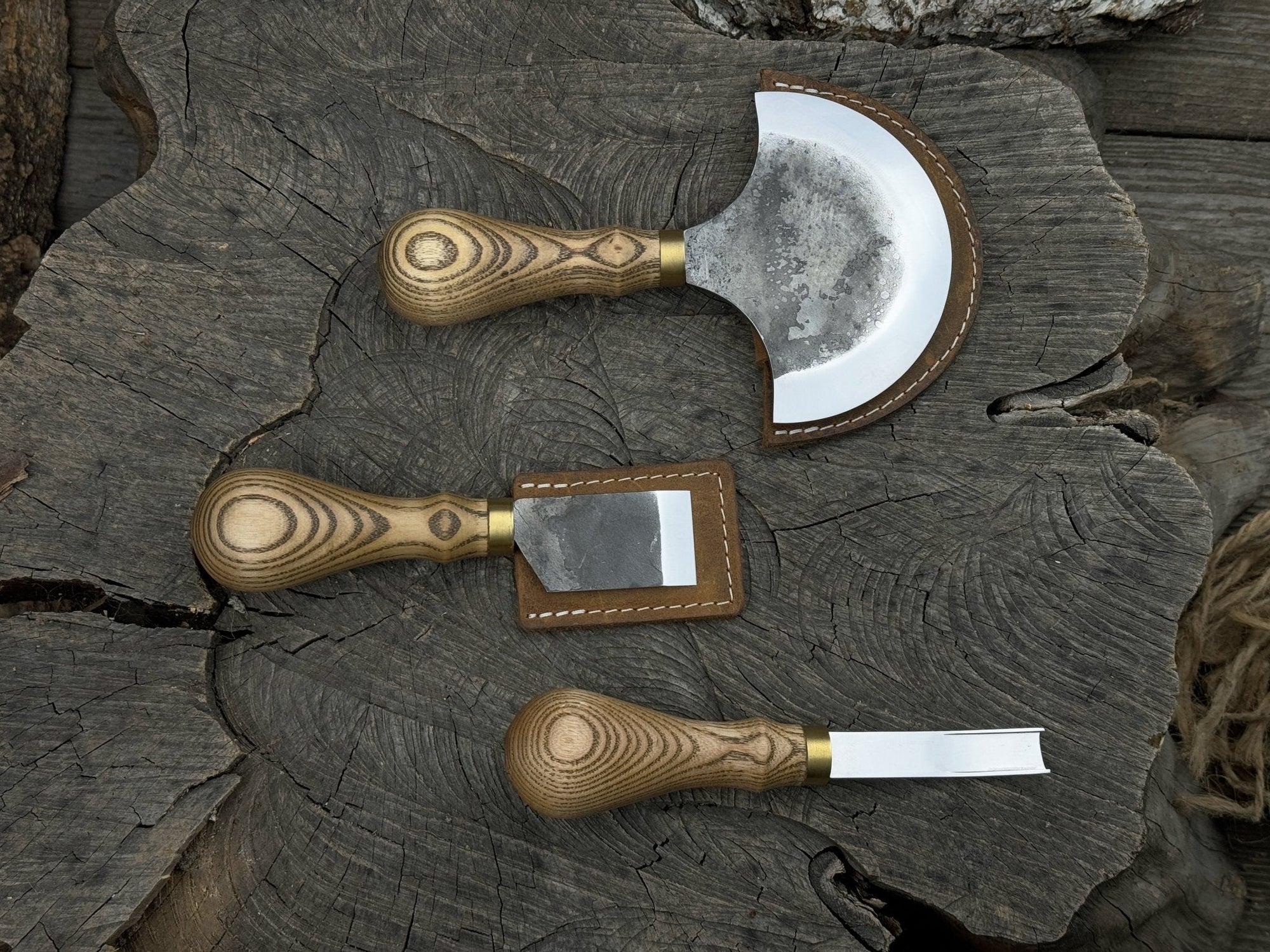 3-piece leather working kit with leather sheaths including half moon knife, flat skiving knife, and edge skiver