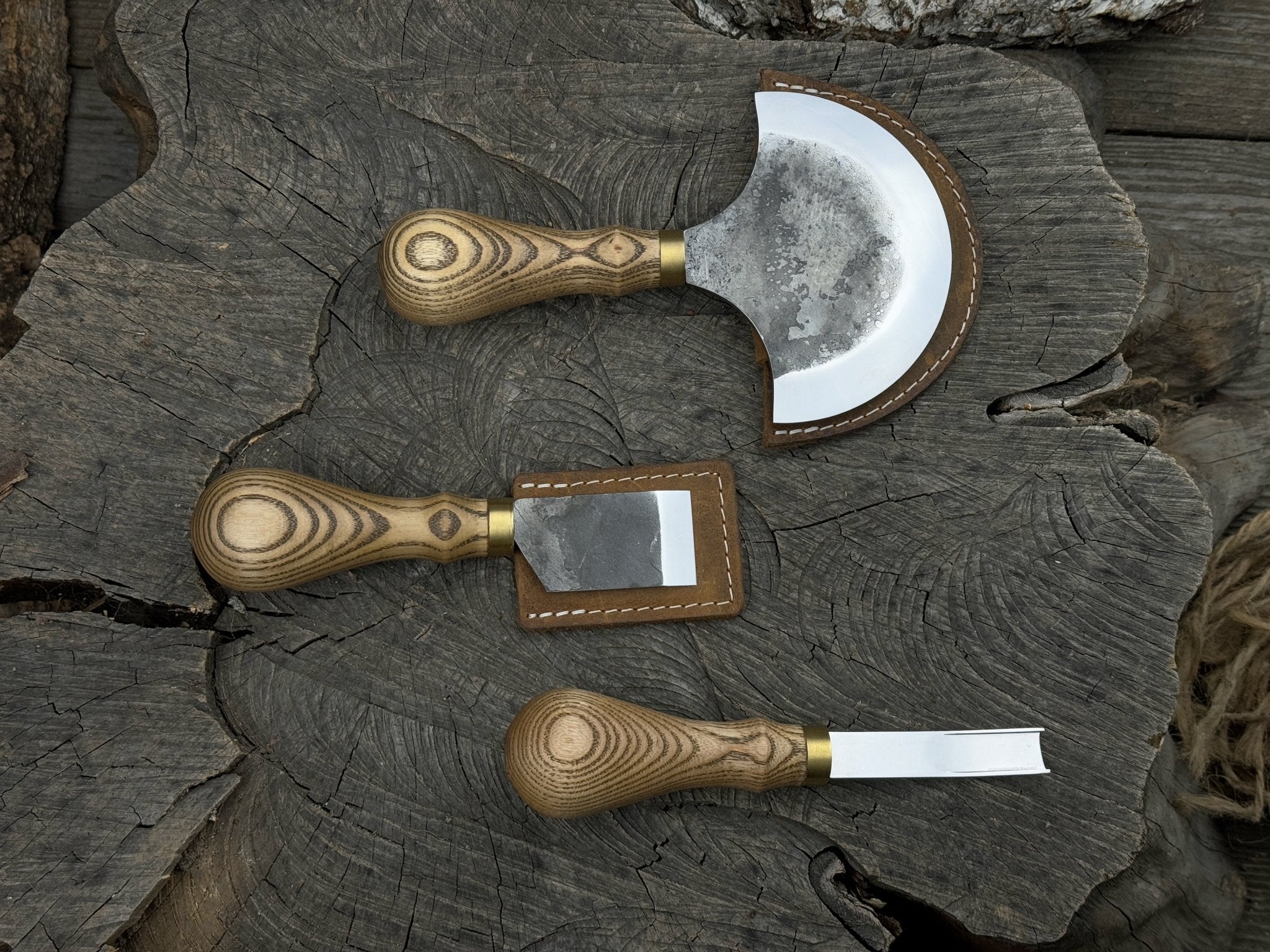 3-piece leather working kit with leather sheaths including half moon knife, flat skiving knife, and edge skiver