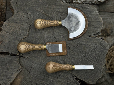 3-piece leather working kit with leather sheaths including half moon knife, flat skiving knife, and edge skiver