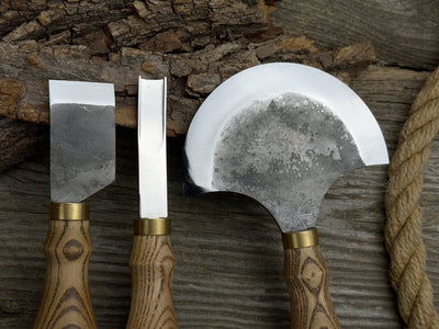 3-piece leather working kit with leather sheaths including half moon knife, flat skiving knife, and edge skiver