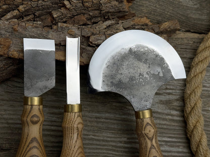 3-piece leather working kit with leather sheaths including half moon knife, flat skiving knife, and edge skiver